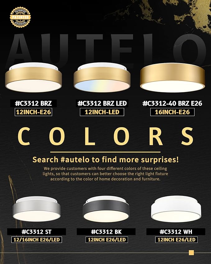 AUTELO LED Close to Ceiling Light Fixture 12" LED 18W Flush Mount Ceiling Light Fixtures with Frosted Glass Shade in Brass Finish for Kitchen LivingRoom Hallway Bedroom C3312 BRZ LED