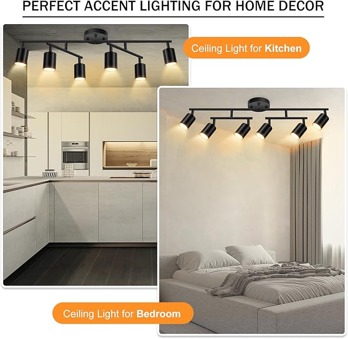 Track Lighting Fixtures Ceiling Black, 6 Light Track Lighting Kit for Kitchen, 30" Flexibly Spotlight with Rotatable Head, Modern LED Flush Mount Ceiling Lighting for Living Room Bedroom(GU10,NO Bulb)