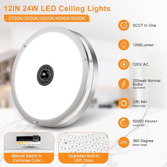 24W LED Motion Sensor Outdoor Ceiling Light, 12IN 2700K/3000K/3500K/4000K/5000K Adjustable Ceiling Lights, Dusk to Dawn Flush Mount LED Ceiling Light Fixture for Porch, Garage, Nickel