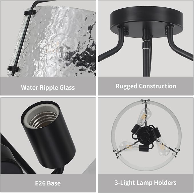 Semi Flush Mount Ceiling Light Fixture 16''Glass Chandelier Kitchen Lighting Fixtures Ceiling 3-Light Black Chandelier Hallway Light Fixture for Foyer Porch Bedroom Laundry Room