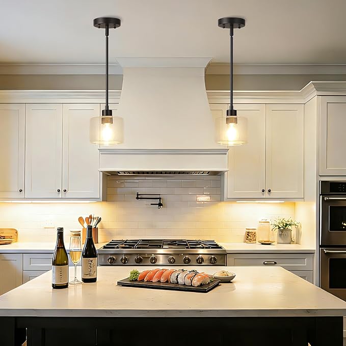 Black Pendant Lights Kitchen Island, 1-Light Modern Clear Glass Hanging Light Fixtures with Rods, Mini Kitchen Pendant Lighting Over Island for Sink Bathroom, OS-YQ8153-1PBKC