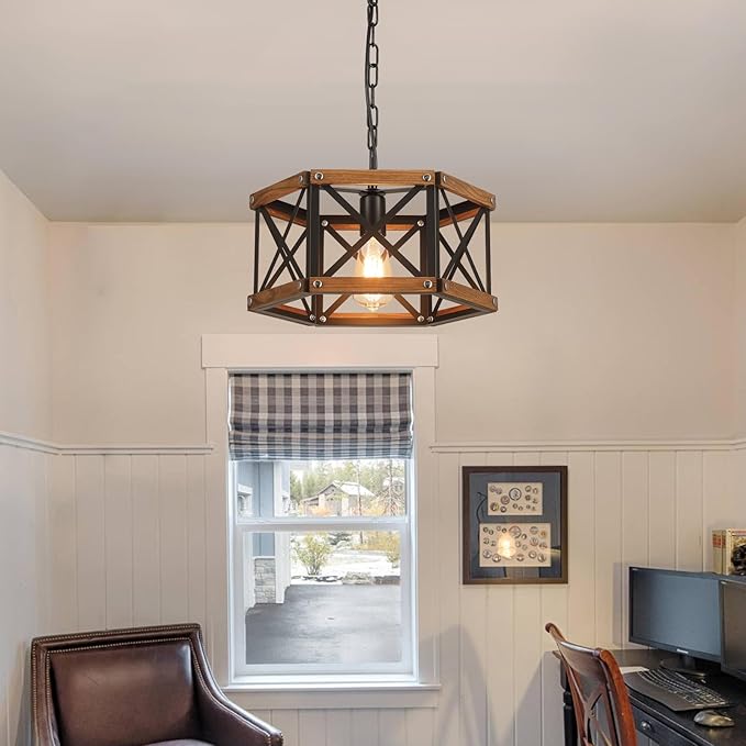 Rustic Farmhouse Plug in Pendant Light Fixture with Adjustable Chain, Dimmable Switch, 14.5 inch Industrial Oak Wood and Metal Cage Hanging Lamp for Kitchen Island Dining Room Farmhouse, Black