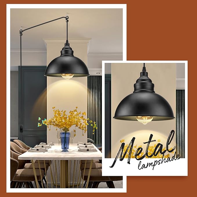 Plug in Pendant Light, 15FT Hanging Lights with Plug in Cord, On/Off Switch, Industrial Pendant Light with Plug in Cord, Metal Hanging Lamps for Living Room, Kitchen, Dining Room-Large Black