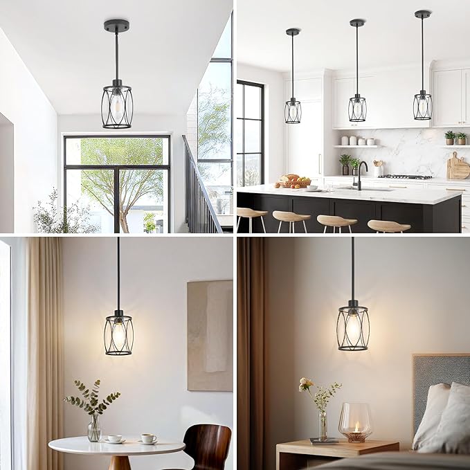 Glass Pendant Lights Kitchen Island Black Pendant Light Fixtures Adjustable Modern Mini Hanging Light with Clear Glass for Sink Dining Room Foyer Entryway Bar, 2 Pack