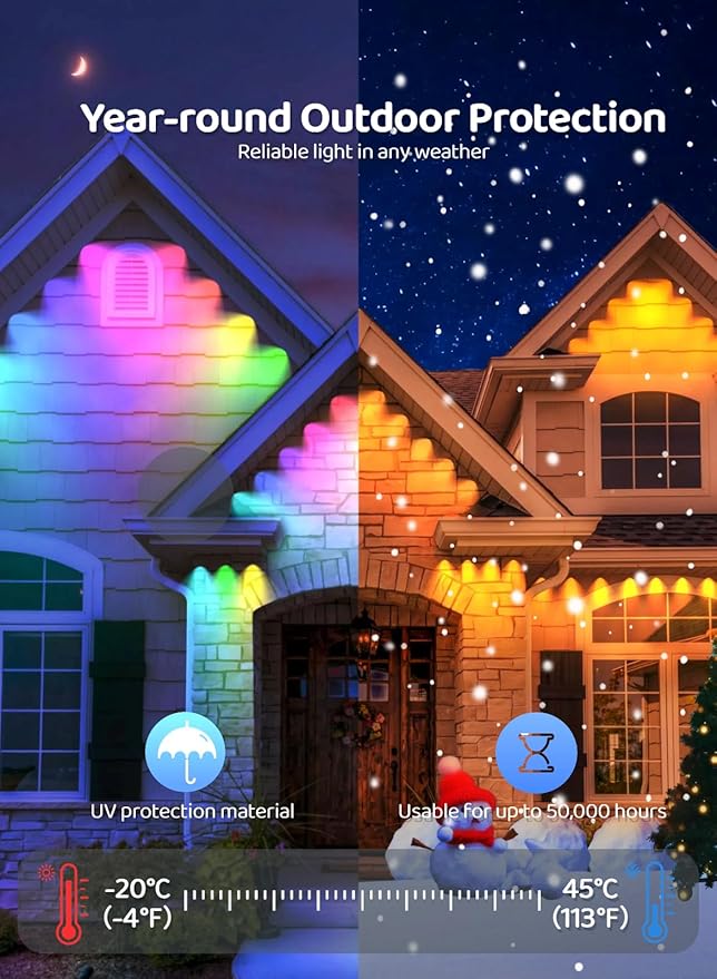 Gaoxun 150ft Permanent Outdoor Lights, RGBW Smart Outdoor Lights for House with 54 LED, APP/Remote Control, 47 Scene Modes, Timer, IP67 Waterproof Eaves Lighting for Daily Holiday Christmas Decors