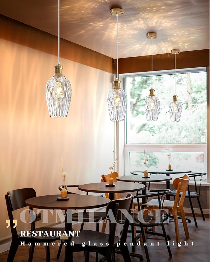 Gold Pendant Lights Kitchen Island, 6.3”Clear Hammered Glass Pendant Lights, Blown Glass Farmhouse Pendant Light 1-Pack, Kitchen Hanging Light for Kitchen Island, Living Room, Cafe