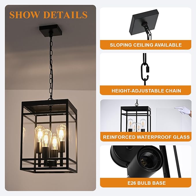 VINLUZ 4-Light 16" Outdoor Pendant Light with Adjustable Chain, Matte Black Outdoor Hanging Light Fixture, Exterior Hanging Lantern Chandelier for Entryway Patio Garden