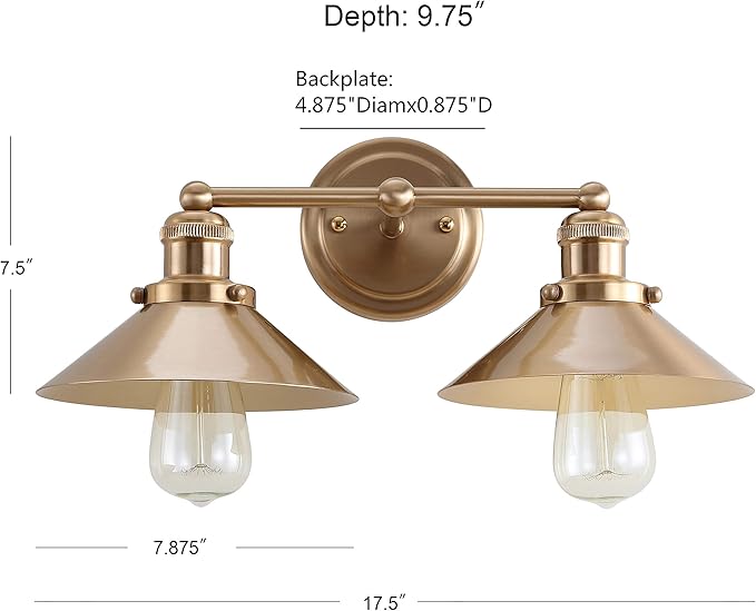 JONATHAN Y 17.5" Brass Gold 2-Light Industrial Farmhouse Metal Vanity Light Wall Sconce, Metal Shade for Bathroom Mirror, Kitchen, Entryway, LED Bulb Included (JYL7430A)