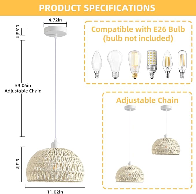 Rattan Pendant Light, Boho Dome Dining Room Chandelier, White Woven Kitchen Pendant Lighting over Island, Coastal Wicker Light Pendant Hanging Light Fixture for Nursery Entryway Bedroom, E26 Base