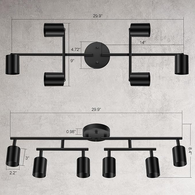 Track Lighting Fixtures Ceiling Black, 6 Light Track Lighting Kit for Kitchen, 30" Flexibly Spotlight with Rotatable Head, Modern LED Flush Mount Ceiling Lighting for Living Room Bedroom(GU10,NO Bulb)