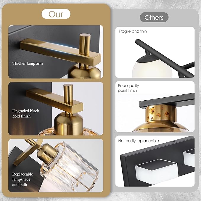 She's home 4 Light Crystal Vanity Lights for Bathroom - Black and Gold Modern Bathroom Vanity Lights Over Mirror 28 Inch, Bathroom Wall Lighting E26 Base