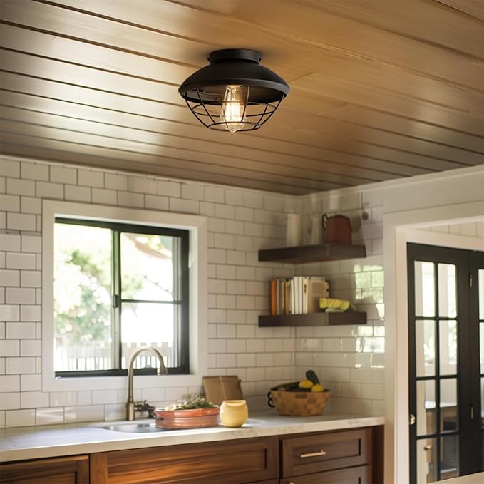 Globe Electric 60000120 1-Light Outdoor Flush Mount Ceiling Light, Matte Black Finish, Metal Cage Shade, Weather Resistant, Industrial Outdoor Ceiling Light, E26 Base