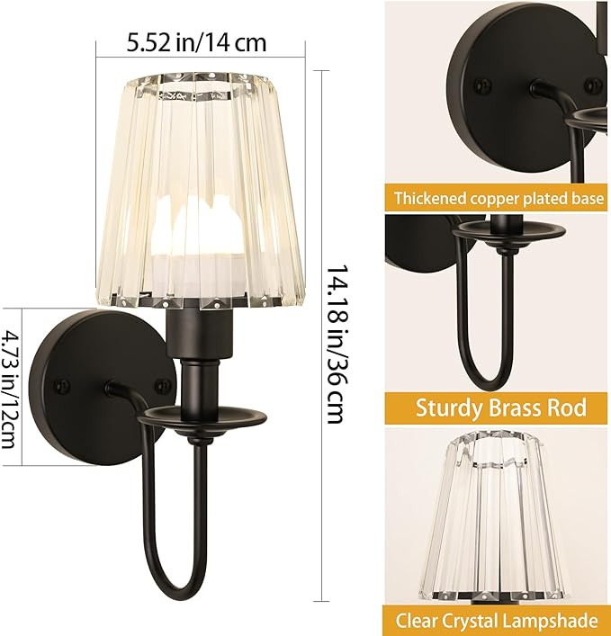 Battery Operated Wall Sconces Set of 2 – 5200mAh Rechargeable Crystal Glass, 15 Colors & 10-Level Dimmable, Wireless Wall Lights for Living Room & Bedroom,Black