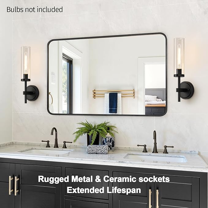 MOKATNG Wall Sconces Set of Two, Matte Black Bathroom Sconces with Clear Glass, Hardwired Sconces Wall Decor Set of 2, Modern Wall Light Fixtures for Bathroom Mirror Living Room Bedroom Hallway