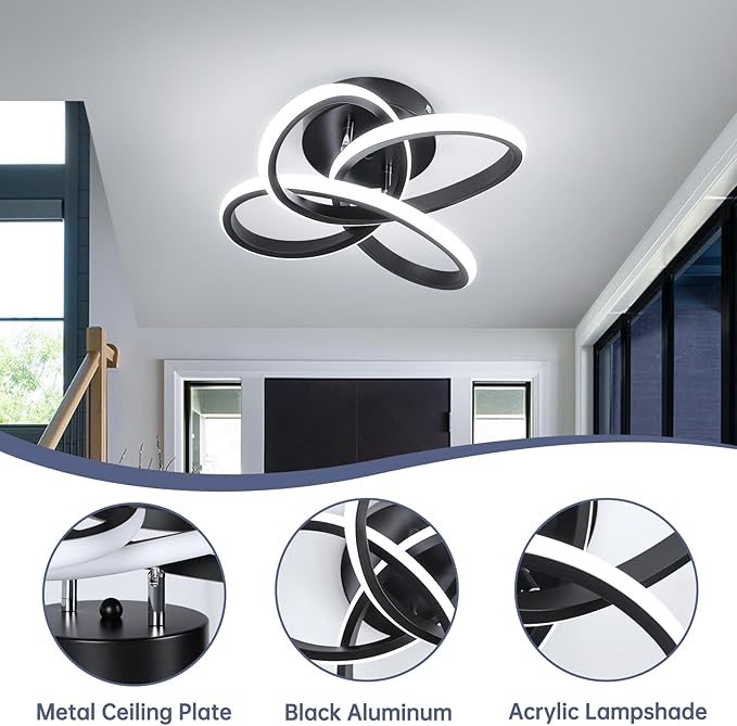 CANEOE Modern Led Ceiling Light Fixture, 6000K Small Hallway Ceiling Light, Black Close to Ceiling Lights for Hallway Bedroom Bathroom Entryway Balcony Stair Curved Design Ceiling Lamp