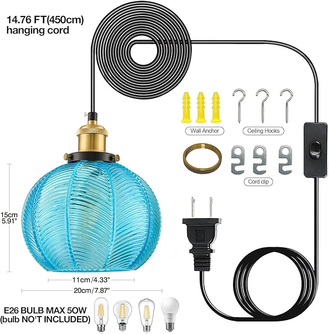 Modern Plug in Hanging Light, 7.8 Inch Glass Pendant Light with 14.76 FT Adjustable Plug in Cord, Vintage Blue Hanging Lamp for Dining Room Bedroom Kitchen Island Bathroom E26
