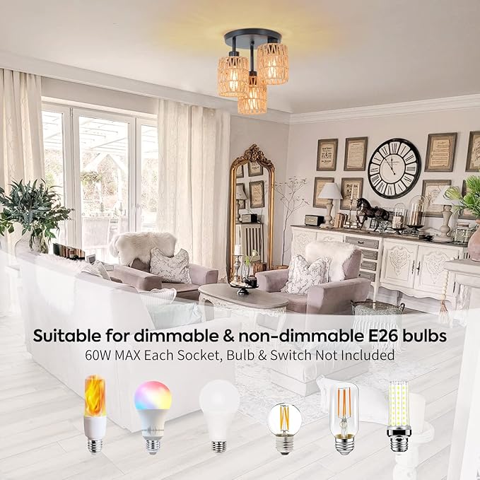3-Lights Woven Rattan Ceiling Light Fixture,Farmhouse Hand-Woven Cage Semi Flush Mount Light, Boho Coastal Natural Basket Close to Ceiling Light for Bedroom Hallway Corridor Nursery