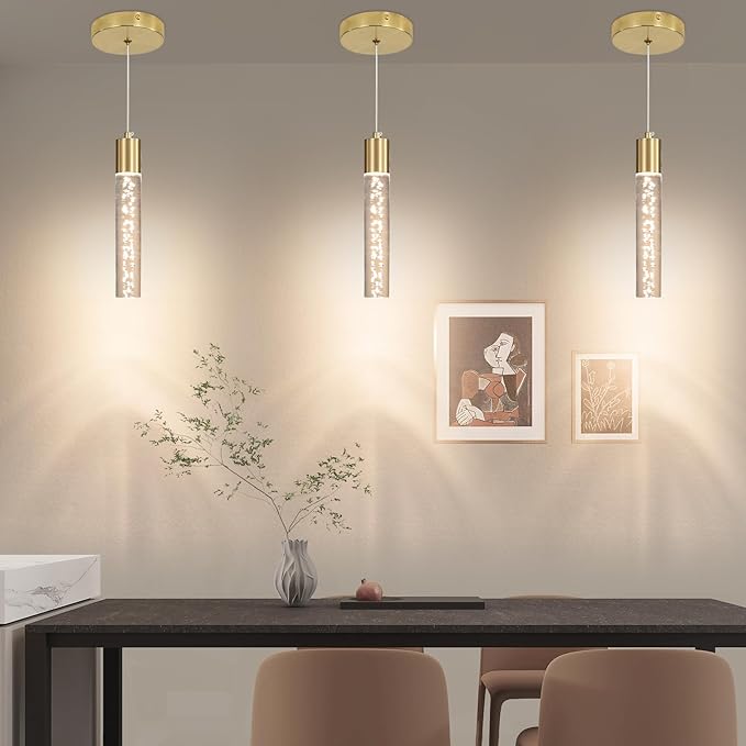3 Pack Modern Kitchen Island Hanging Light, Gold LED Pendant Lights Fixture, Bubble Acrylic, 3 Color Temperatures, Mini Ceiling Chandelier Lighting for Dining Room, Bedroom, Foyer Entrance, Cafe Bar