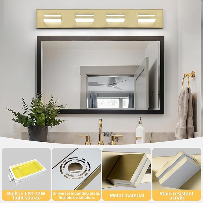 OKELI 4 Light Bathroom Vanity Light Gold Modern 32W LED Dimmable Vanity Light Over Mirror 350° Adjustable Lamp Head Cold White 6000K ETL Listed 30Inch