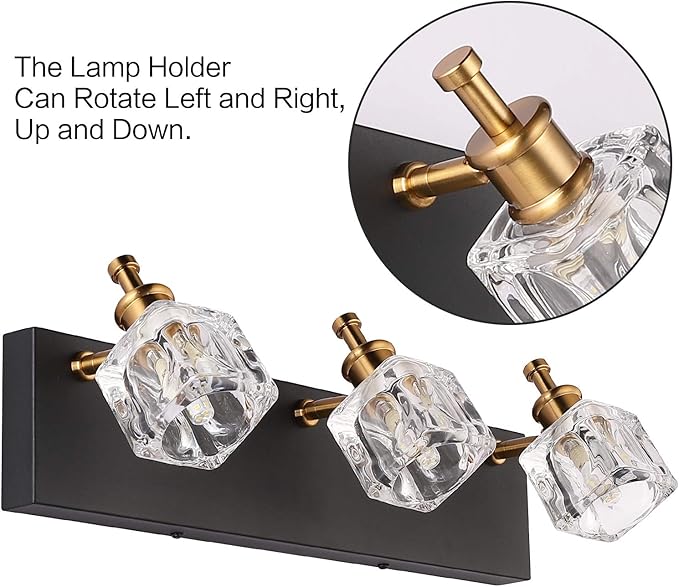 PRESDE Modern Black Bathroom Vanity Light Fixtures Over Mirror LED Crystal 3 Light Bath Wall Lighting