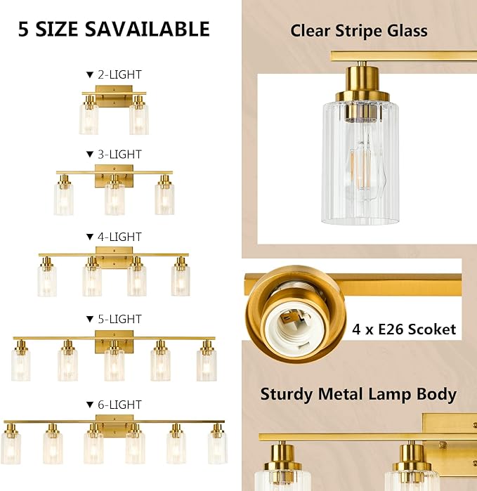 Jonsi Brushed Gold Bathroom Light Fixtures, 4-Light Brushed Gold Vanity Light, Bathroom Vanity Light with Stripe Glass Shade, E26 Wall Sconces Over Mirror for Bathroom, Living Room, Hallway