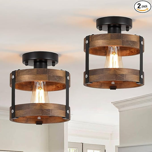 2 Pack Rustic Farmhouse Wood Flush Mount Ceiling Light Fixture Oak Wood and Metal Round Cage Small Semi Flush Mount Ceiling Light for Kitchen Hallway Entry Bedroom Country Farmhouse, Black