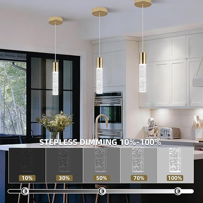 OKELI Modern Pendant Light, LED Bubble Crystal Kitchen Island Lights Fixtures,Mini Single Island Lights Pendant Lighting for Kitchen Island,Bar,6W,6000K,Gold
