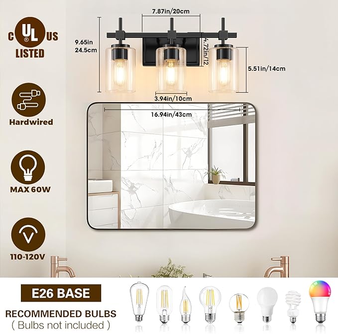 Asnxcju 3-Light Matte Black Vanity Light for Bathroom, Modern Bathroom Lighting Fixtures Over Mirror, Vanity Lights with Clear Glass Shade, Industrial Bath Wall Lamp for Living Room Bedroom Hallway