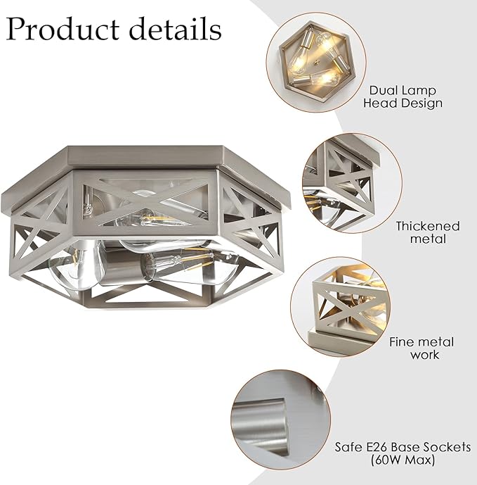 2 Pack Industrial 3-Light Semi Flush Mount Ceiling Light Fixture,Moder Brushed Nickel Sputnik Ceiling Lighting,Farmhouse Chandelier E26 Base Pendant Lamps