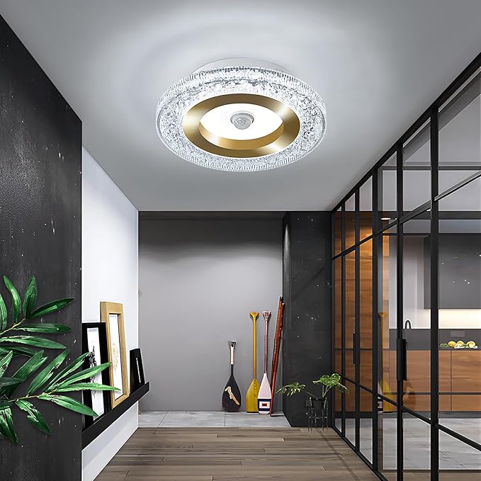 UOFUS 7.84inch Mini Motion Sensor LED Ceiling Light Indoor Wired Gold Flush Mount Light Fixture 6400K Motion Activated Light for Closet Hallway Laundry Stairs Shower Porch Garage Basement