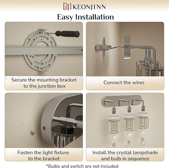 Keonjinn 3-Light Chrome Bathroom Light Fixtures, Crystal Bathroom Vanity Lights Over Mirror, Chrome Vanity Lighting Fixtures with Crystal Square Shades (E26 Base, Exclude Bulb)