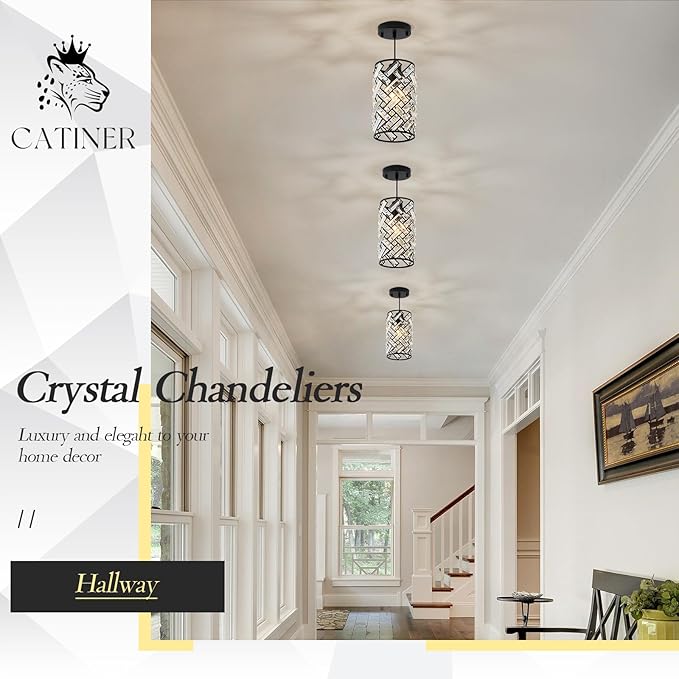 CATINER Modern Black Crystal Pendant Light Fixture - Mini Chandelier for Kitchen Island, Dining Room, Living Room, Hallway, Porch, Bedroom Lighting