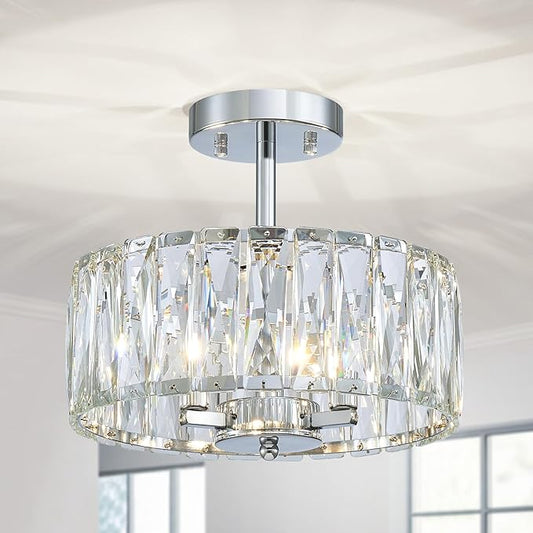 Crystal Ceiling Light, 3-Light Modern Semi-Flushmount Ceiling Light for Living Room, Dinning Room Hallway, D12xH9inch, Chrome Finish Frame & K9 Crystal