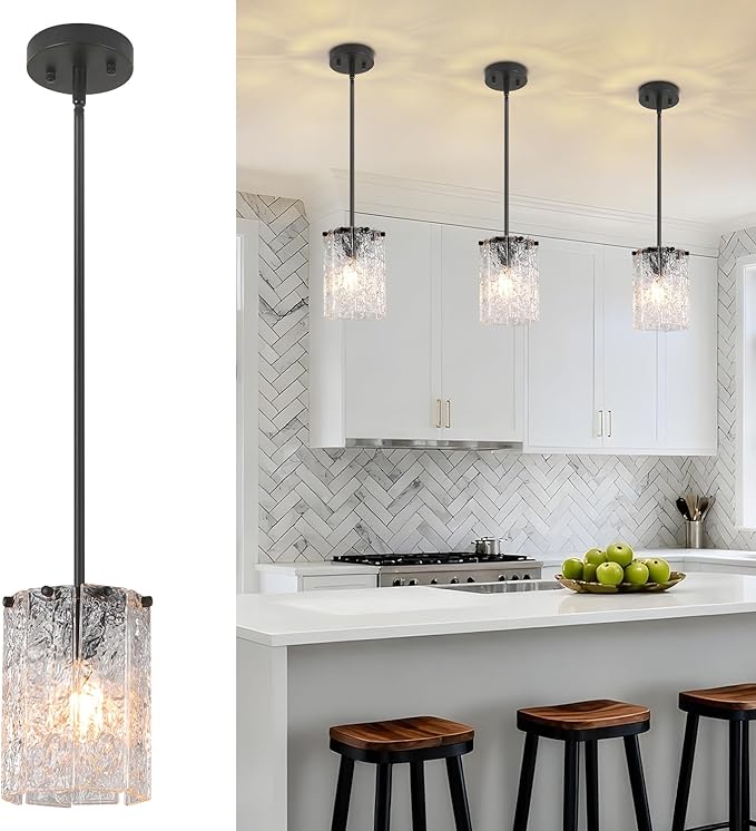 3 Pack Modern Black Pendant Light Over Kitchen Island, Hand-Made Water Ripple Glass Chandelier, Matte Black Adjustable Hanging Ceiling Light Fixture for Dining Room, E26 Base, 6" x 83"