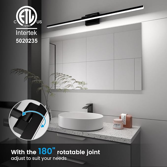 VOLISUN Modern Bathroom Vanity Light 48 inch, Rotatable, 30W Dimmable 5CCT Led Bathroom Light Fixture Over Mirror, Black Bar Vanity Light for Bathroom Mirror Cabinets-ETL Certificated