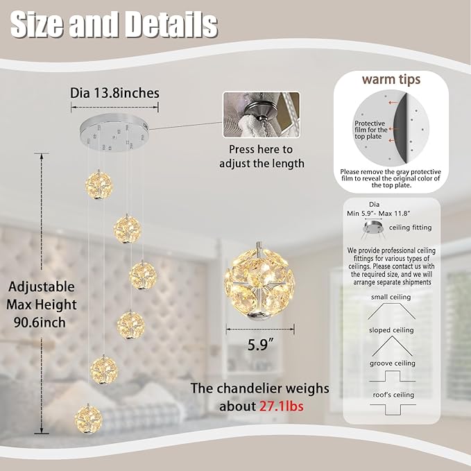 ykolupty LED Staircase Chandelier Modern Crystal Globe Pendant Light Crystal Chandeliers for High Ceilings, Hanging Lighting Fixture for Villas Foyer Hallway Entryway (6-Lights)
