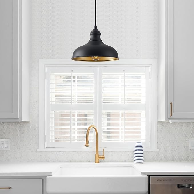 10in Dome Outdoor Pendant Barn Lights Black Kitchen Island Pendant Lamp with Brass Interior, Hallway Porch Ceiling Hanging Lights, Farmhouse Style Indoor Pendant Fixture for Home, Ajustable