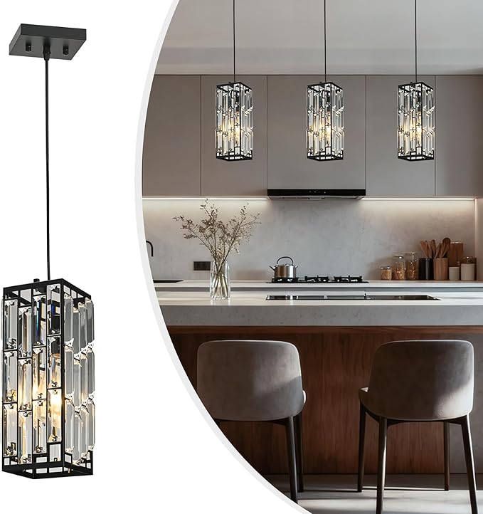 Black Hanging Kitchen Island Modern Concise Crystal Pendant Light Fixture, Adjustable Mini Crystal Pendant Lights Kitchen Island for Kitchen, Dining Room, and Bedroom (3 Pack)