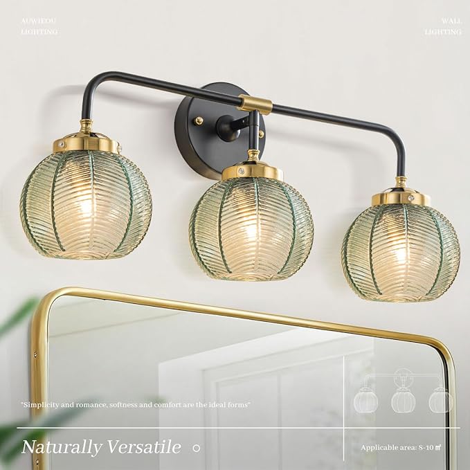 Black Wall Sconce 3 Light Bathroom Vanity Light Over Mirror, Vintage Wall lamp Green Glass Wall Sconce Light with Ribbed Glass Shade Bedroom Wall sconces for Bedroom Hallway Living Room