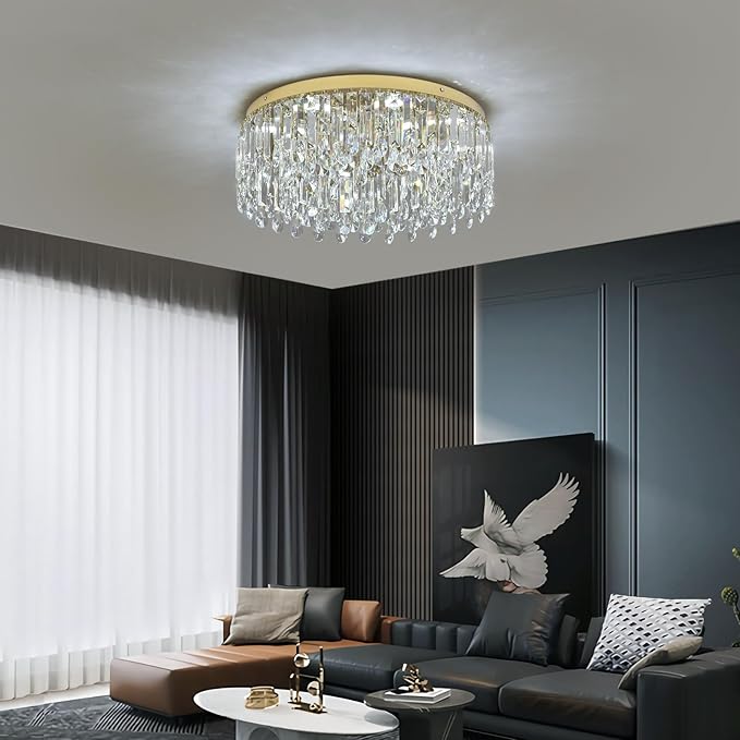Deckrico 19.7" Gold Crystal Chandelier, Modern Flush Mount Ceiling Light Fixture Luxury Tri-Color LED Lighting for Living Room Dining Room Bedroom