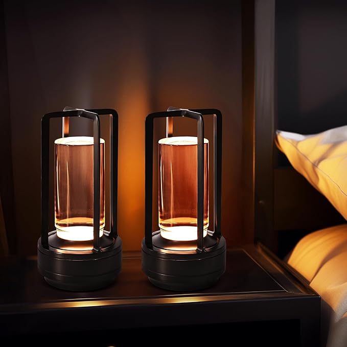 2 Pack Crystal Lantern lamp with Touch Dimming, Rechargeable LED Table Lamp, 3-Color Adjustable Brightness, 4200mAh Battery Powered Desk Light for Bedroom, Restaurant, Outdoor