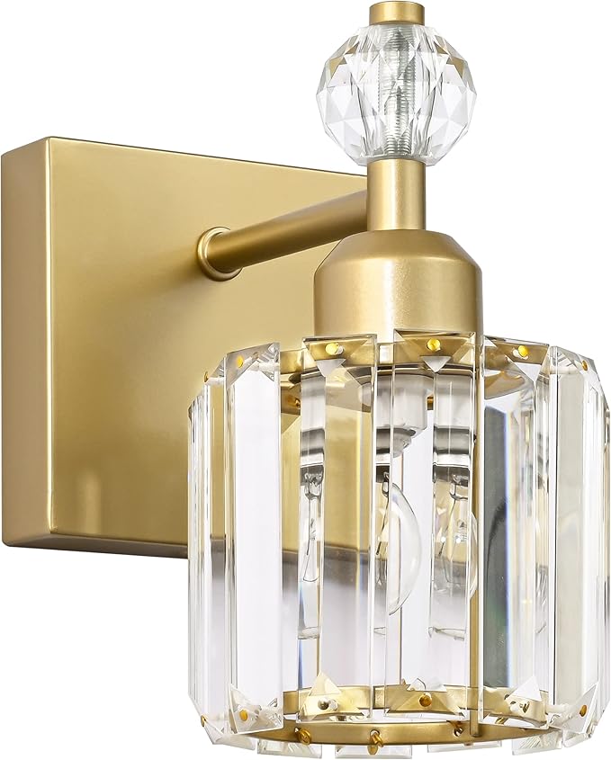 PRESDE Single Crystal Wall Sconce, Modern Gold Vanity Light Fixture, 1-Light Wall Lamp for Bathroom Bedroom Hallway