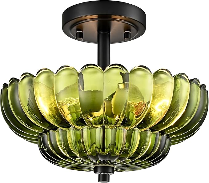 Semi Flush Mount Ceiling Light Fixture, Green Glass 3-Light Modern Vintage Ceiling Lights, Scalloped Close to Ceiling Light, Black Base Flush Mount Ceiling Light for Hallway Bedroom Entryway Kitchen