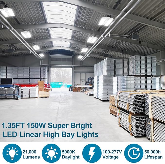 4-Pack High Bay LED Shop Light 1.35FT 150W 21000Lumens 5000K Daylight 100-277V, Commercial Mini Linear High Bay Lights for Warehouse Workshop Supermarket Stadium, 0-10V Dimmable, ETL
