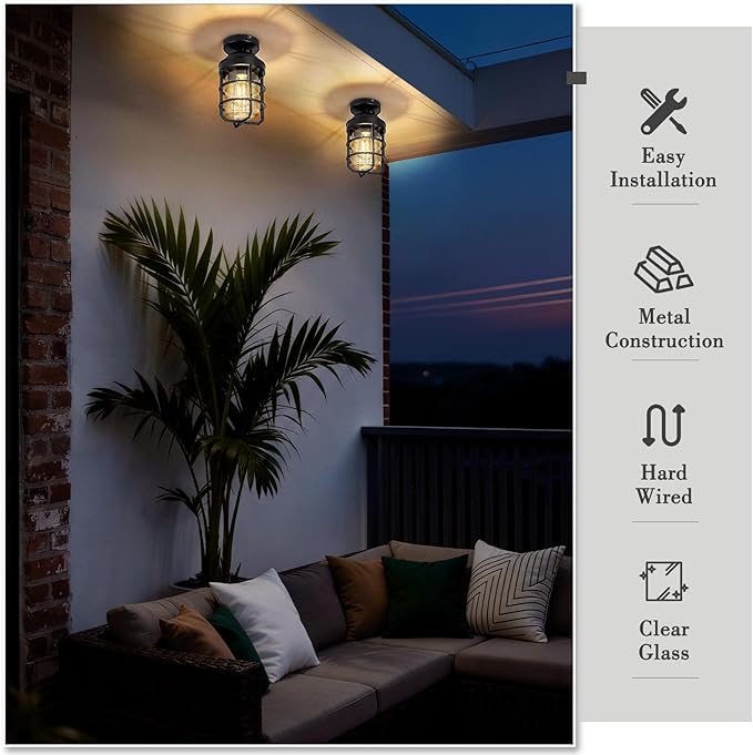 Emliviar Dusk to Dawn 2 Pack Semi Flush Mount Ceiling Lamps with Clear Tempered Glass Shade, Modern Black Metal Cage Ceiling Lights with Photocell Sensor, GE255LF-PC-2 BK