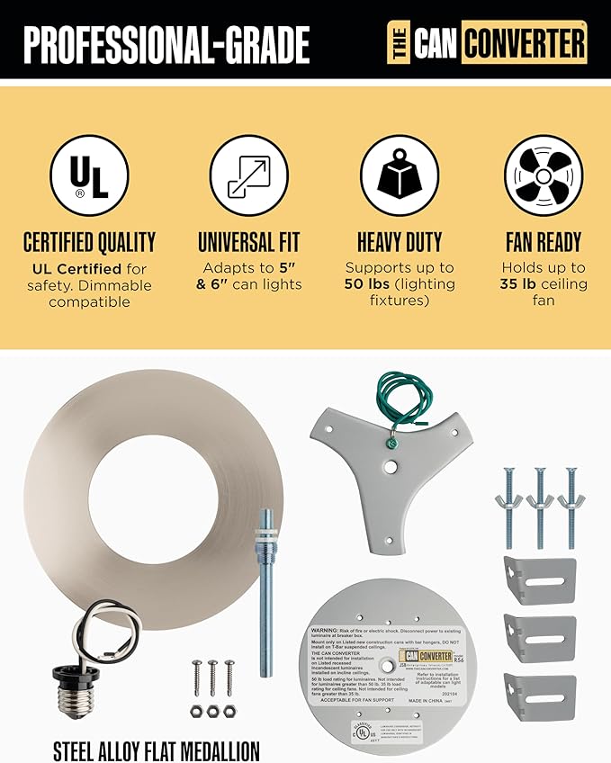 The Can Converter R56 Recessed Can Light Conversion Kit w/ 7"¾ Flat Ceiling Medallion - Home Improvement for 5" & 6" Cans, Converter Kit for Ceiling Fan & Light Fixture, UL Certified, Brushed Nickel