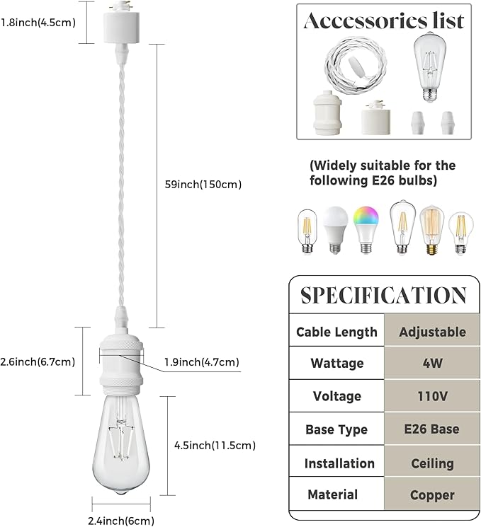 Universal H-Type Modern Pendant Track Lights Kit with 6 Bulbs,6-Pack White Track-Mounted Hanging Fixtures 4000K Natural Light Bulbs, E26 Socket for Kitchen Island and Dining Room