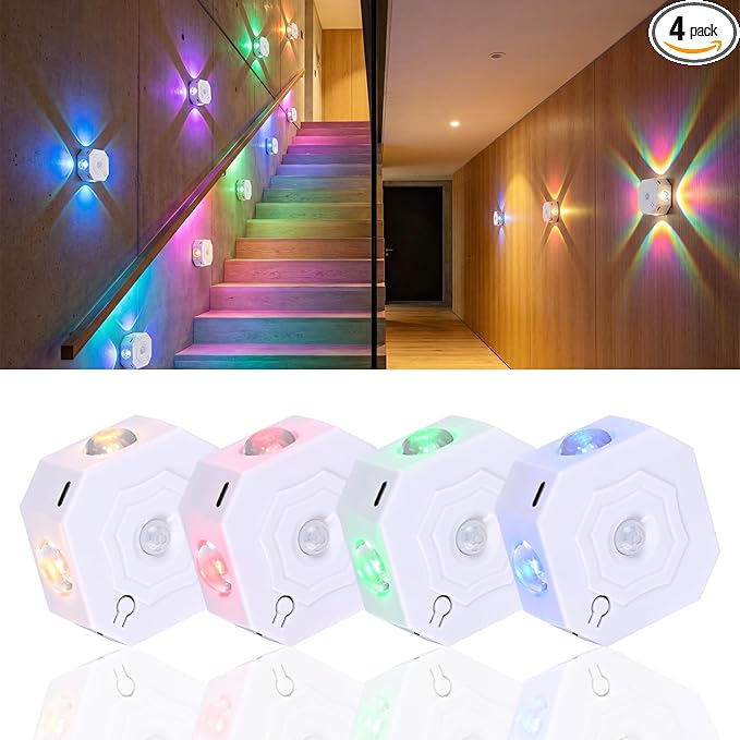 Motion Sensor LED Night Lights 4 Pack, Rechargeable Wireless Stair Lights, Magnetic Installation, RGB & 3 Color Temp, Wall Sconce for Hallway Closet Bedroom Indoor