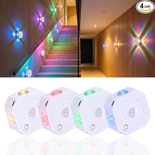 Motion Sensor LED Night Lights 4 Pack, Rechargeable Wireless Stair Lights, Magnetic Installation, RGB & 3 Color Temp, Wall Sconce for Hallway Closet Bedroom Indoor