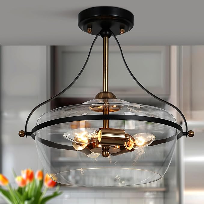 KSANA Modern Semi Flush Mount Ceiling Light, 3-Light Black and Gold Close to Ceiling Fixture with Clear Glass and Electroplated Brass Accents for Hallway, Bedroom, Kitchen, or Entryway